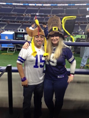 We LOVE the Cowboys and try to go to the Thanksgiving game each year. We dress up in our jerseys and wear our silly Thanksgiving hats.
