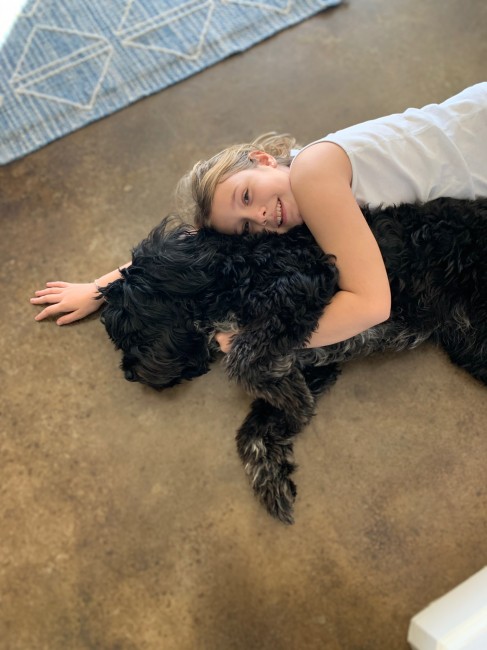 Hugging the dog is a daily comfort for Katie.