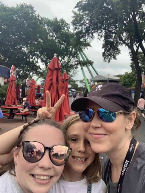 Jannette and Katie during a trip to Six Flags with a close friend who we consider family