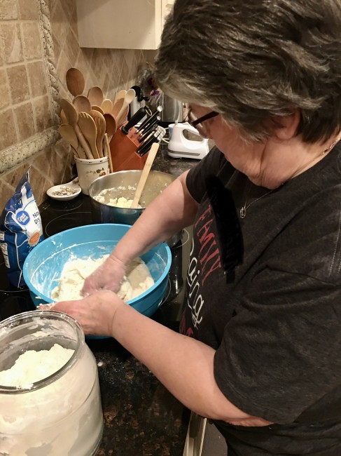 It's not a holiday with David's family without some Norwegian baking. Mom is making dough for Lefse. It's like giant tortillas made with potatoes.
