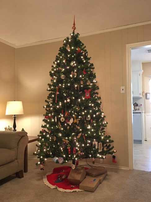 We helped David's mom put her tree up before we headed home. And David put presents under. He likes brown paper and string just like the song says.