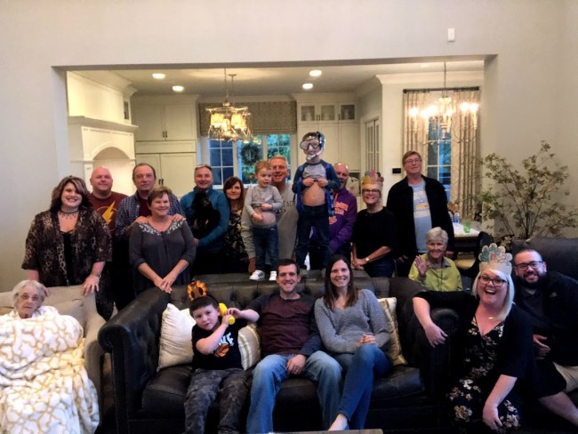 Thanksgiving 2019 at Alex's parent's house. There are grandparents, nephews, step-siblings, aunts, and uncles in this picture. The food is always good but the company is better :)