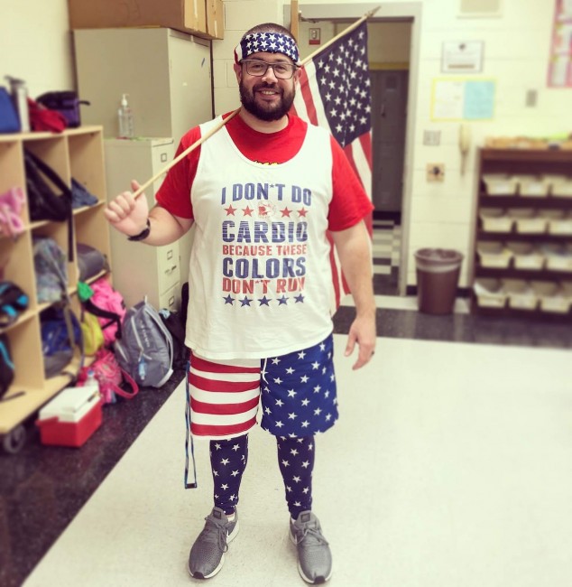 Spirit Week at the school where Stephen teaches is always a fun excuse to dress up. Here he is on 'America Day' - complete with his classroom American flag.