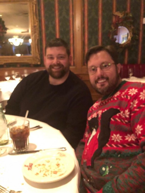 Wyatt and his brother at dinner. Family tradition to celebrate everyone's birthday with a special dinner.