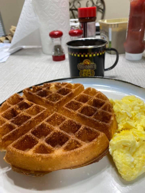 Weekends mean big breakfast time. It may be waffles, chocolate chip pancakes, or even homemade blueberry muffins. Pictured are cinnamon waffles with scrambled eggs.