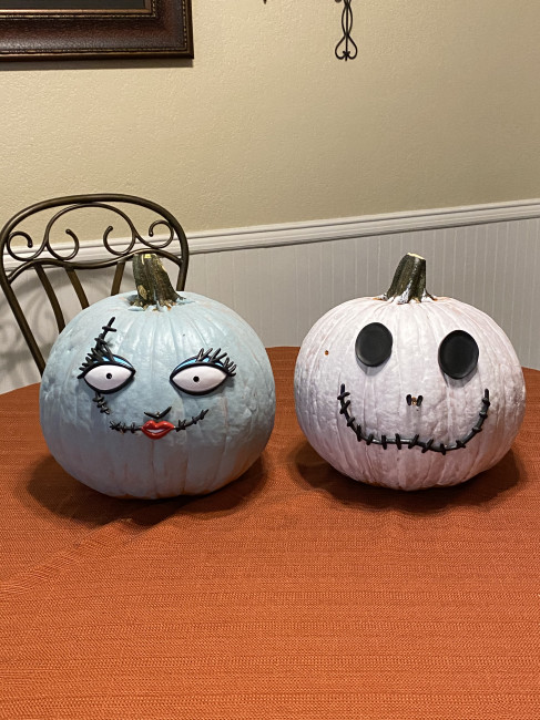 The finished products-Sally and Jack. I MIGHT have gone back and added extra paint to Wyatt’s pumpkin when he wasn’t looking so that it had more color. ;)