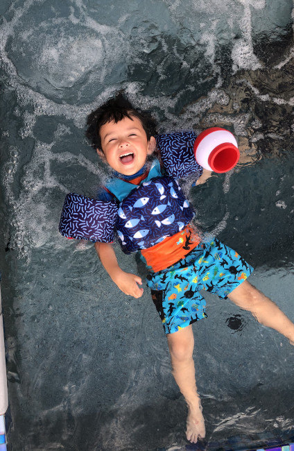 Conner relaxing in the hot tub.