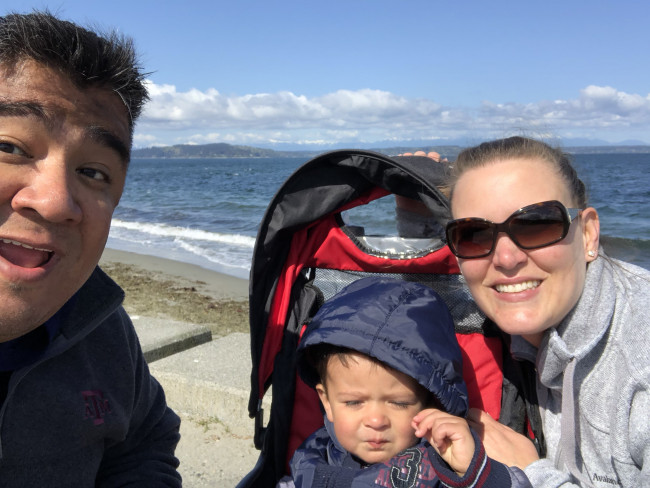 The wind was really cold but we managed to get a picture of the three of us on Alki Beach.