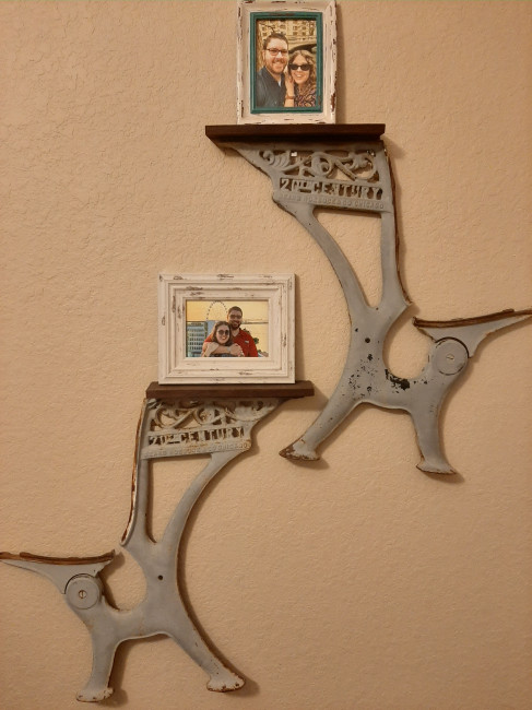 Old school desks Laurice found and put on the master bedroom wall.