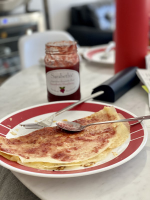 We love to eat. Freshly cooked crepes, Marc's favorite receipe.