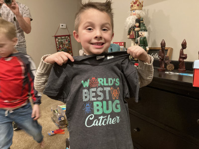 Banks’s all time favorite thing in life is bugs! So much so that he is nearly obsessed and in the summer is out hunting for them before breakfast. His birth family gave him the perfect shirt for his last birthday.